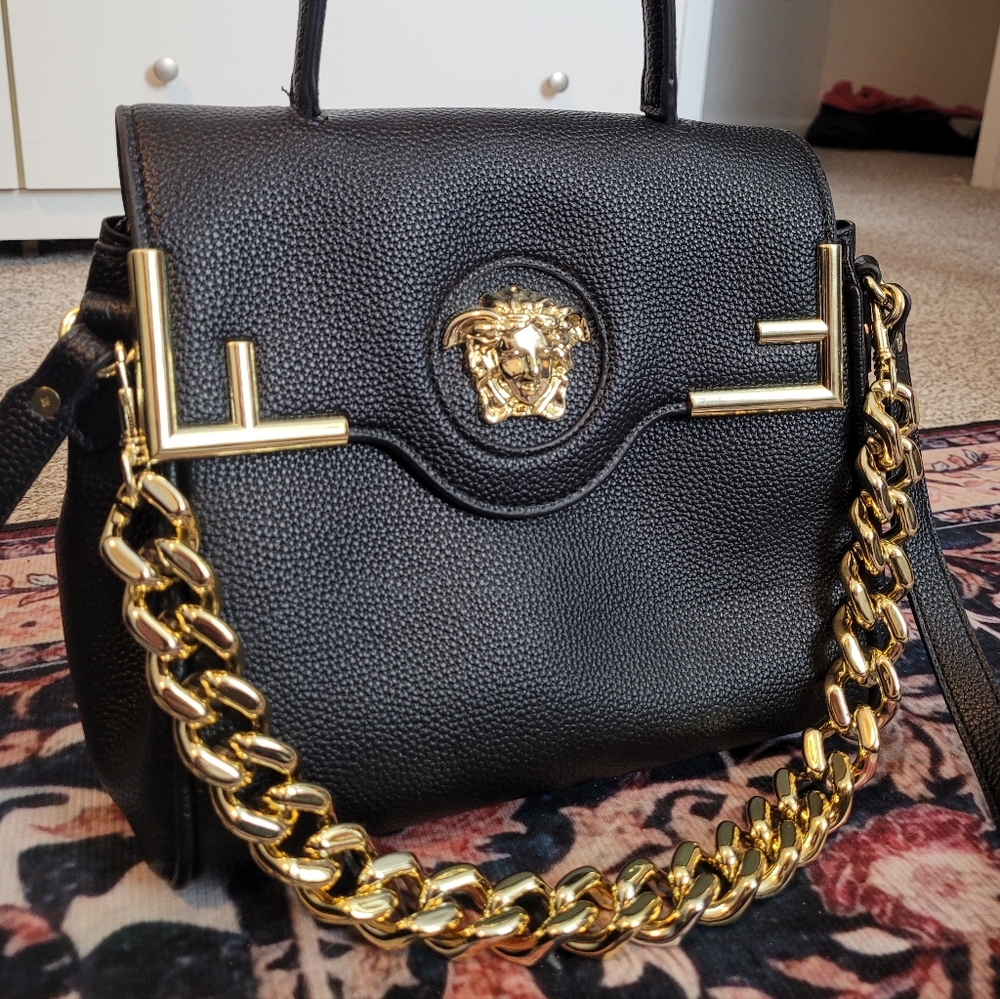 V Designer Satchel Bag Purse with Gold Medusa Head - Picture 2 of 9